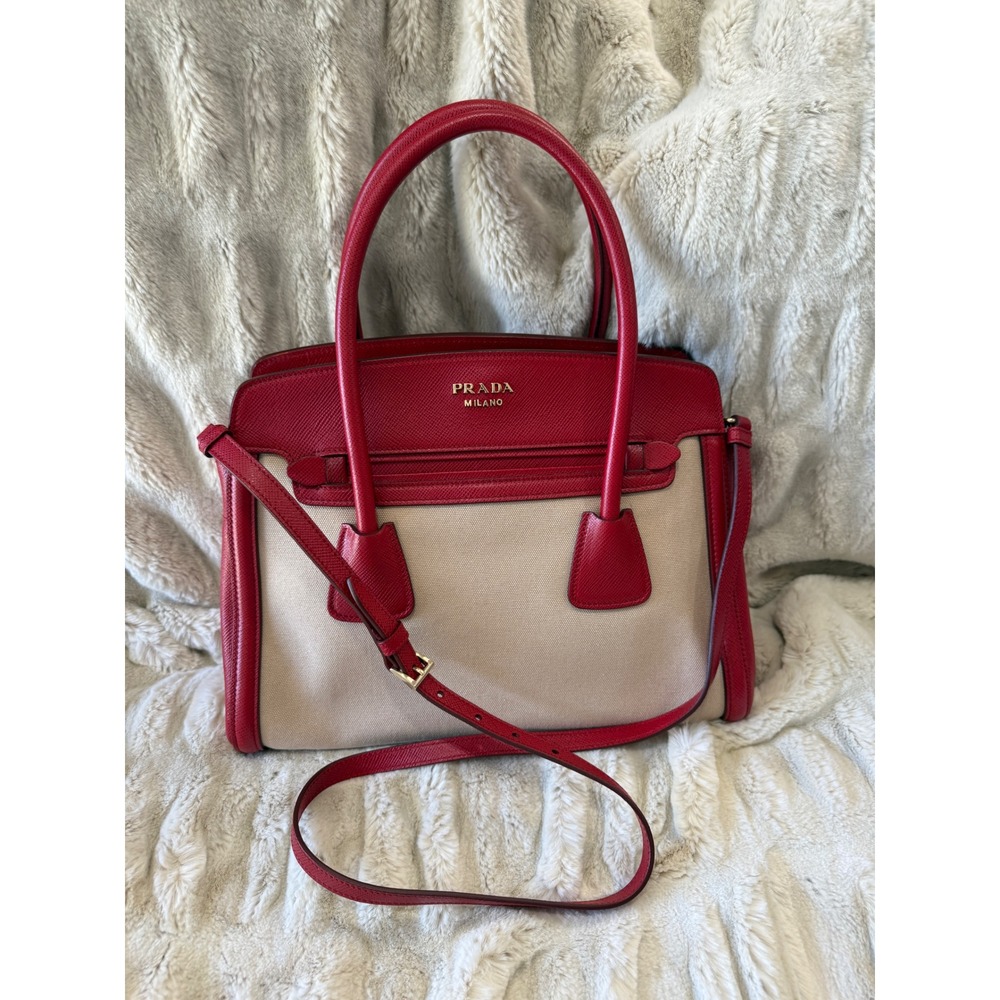 Prada Milano Red Saffiano Leather and Beige Canvas Tote Bag Handbag - Picture 13 of 15